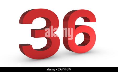 Rouge Brillant En Relief Trente-Six 36 Isolé Sur Fond Blanc. Banque D'Images