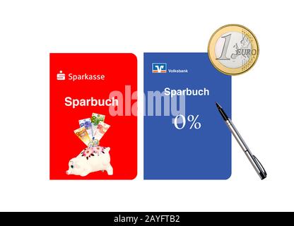 Livres bancaires de Sparkasse et Volksbank avec taux d'intérêt zéro, Allemagne Banque D'Images