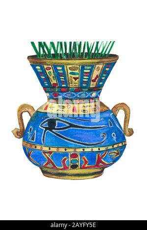 Récipient de vaisselle de style égyptien avec poignées, vase ou récipient isolé. Artisanat en faïence, tasse rétro. Ancienne verseuse en céramique traditionnelle, potter vintage Banque D'Images