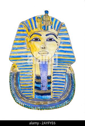 Masque doré de pharaon égyptien dessiné à la main. Tutankhamun Pharaon de l'ancienne Egypte illustration de l'aquarelle. Fond blanc Banque D'Images