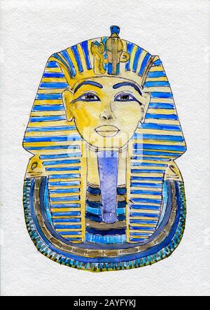 Masque doré de pharaon égyptien dessiné à la main. Tutankhamun Pharaon de l'ancienne Egypte illustration de l'aquarelle Banque D'Images