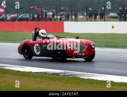 Nick Matthews conduisant son Red, 1954, Austin-Healey 100/4 en bas du Wellington Straight, pendant le RAC Woodcote Trophy Pour les sportifs de pré '56. Banque D'Images