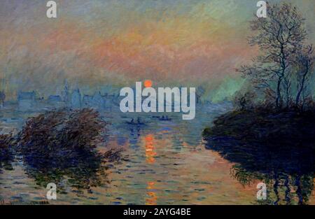 Coucher du soleil sur la seine à Lavacourt, effet d'hiver de 1880 par Claude Monet Paris, 1840 - Giverny, 1926 français, France. Banque D'Images