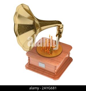 gramophone avec ville sur record isolé sur blanc. rendu tridimensionnel Banque D'Images