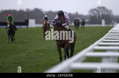 Sabrina est monté par Harry Cobden sur la voie de la victoire lors de la course standard Open National Hunt Flat Race de l'EBF Mares britannique lors de Betfair Ascot Chase Raceday à l'hippodrome d'Ascot. Banque D'Images