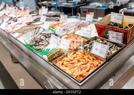 26 JUILLET 2018, Victoria, ESPAGNE : divers fruits de mer frais délicieux à l'exposition Banque D'Images