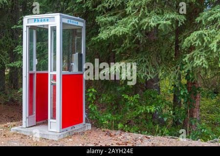 Un stand de téléphone rouge dans la forêt de Slana, en Alaska Banque D'Images