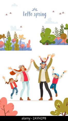 Bonjour carte de printemps avec une grande famille heureuse dans la nature. Grande famille heureuse marchant dans la forêt. Maman, papa et trois enfants. Le ciel bleu, le soleil, frais Illustration de Vecteur
