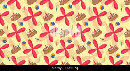 Motif enfants sans couture pour les garçons. Hélice rouge et gâteau. Bougies de vacances et boule de jouet. Motif jouets. Illustration vectorielle. Concevoir du textile et Illustration de Vecteur