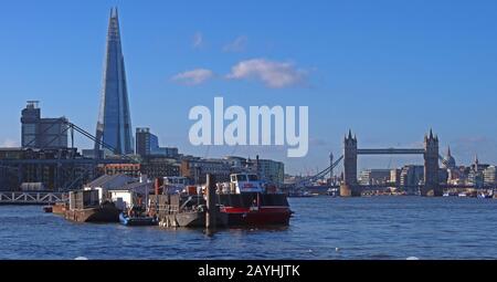 The Thames London, The Shard, Tower Bridge, de Rotherhithe, South West London, Angleterre, Royaume-Uni, bateaux, bâtiments Banque D'Images