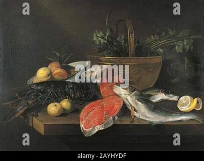 Frans Ykens continue de vivre avec du saumon de homard pelé citron et fruits dans un bol et légumes dans un panier de cuivre sur une table. Banque D'Images