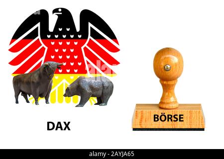 Timbre lettrage Boerse, Dax et aigle fédéral allemand avec taureau et ours en arrière-plan , Allemagne Banque D'Images