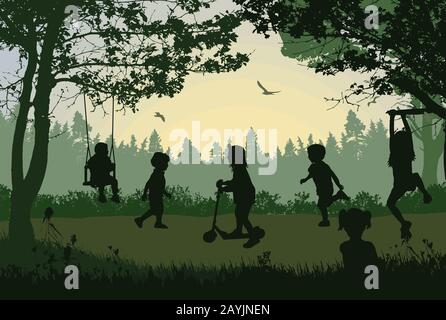 Heureux enfants silhouette jouer dans un parc sur un bel endroit, illustration vectorielle Illustration de Vecteur