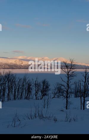 Vue depuis la zone de l'hôtel Fjallet du lac Tornetrask, gelé et enneigé, en Laponie suédoise, dans le nord de la Suède. Banque D'Images