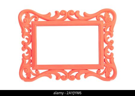 Cadre photo moderne en plastique orange vif avec style ancien isolé sur fond blanc. Banque D'Images