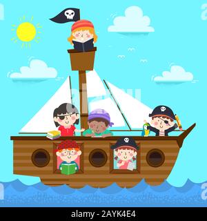 Illustration des enfants Portant des costumes de pirate sur un navire lecture d'un livre Banque D'Images