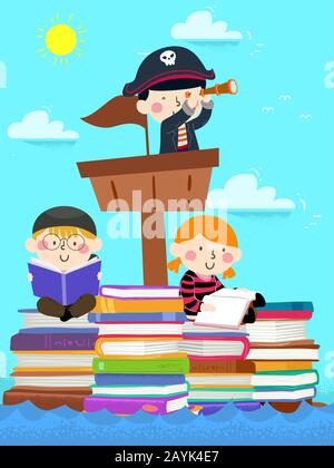 Illustration des enfants Portant des costumes de pirate voile sur un navire Fait de piles de livres Banque D'Images