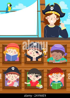 Illustration des enfants et des filles un professeur Portant des costumes de pirate Étudier dans un navire Banque D'Images