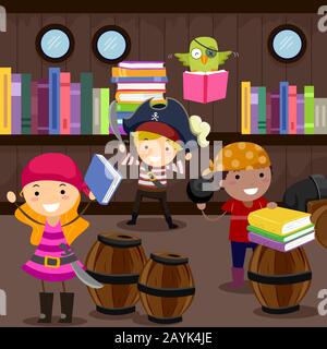 Illustration Du Porte-Memory Sticktm Pour Enfants Portant Des Vêtements De Pirate Dans Une Bibliothèque À Thème Pirate Banque D'Images