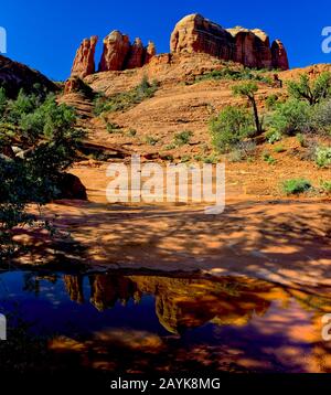 Un reflet de Cathedral Rock dans une piscine en grès à la sortie De La Piste Facile Breezy près de Sedona Arizona. Banque D'Images