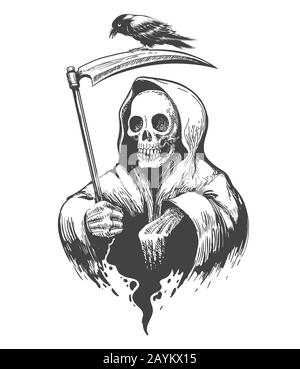 Mort crâne dans un capot avec Scythe et Crow tatouage. Illustration vectorielle. Illustration de Vecteur