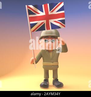 Un soldat héroïque salue tout en tenant le drapeau britannique, l'illustration tridimensionnelle rend Banque D'Images