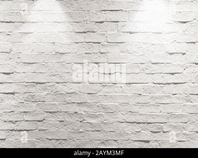 fond de mur de briques blanches texturées à l'eau et blanc abstrait vide avec deux lampes halogènes sur le dessus comme projecteur Banque D'Images