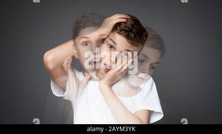 Collage psychédélique d'un jeune garçon souffrant de schizophrénie Banque D'Images