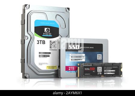 Disque dur disque dur, disque SSD SSD et disque ssd 2 m isolé sur blanc. Ensemble de différents périphériques de stockage de données. illustration tridimensionnelle Banque D'Images