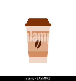 Tasse à café à emporter avec couvercle marron et un manchon avec grain de café. Tasse à café jetable à dessin animé sur fond blanc. Café à emporter. Vecteur Illustration de Vecteur