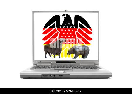 Ordinateur portable montrant l'aigle fédéral dans les coutres allemands et bull et ours sur l'écran, Allemagne Banque D'Images