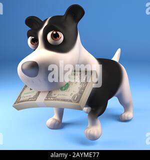 Joli chien chiot noir et blanc avec une annonce de dollars américains dans sa bouche, illustration tridimensionnelle rendu Banque D'Images