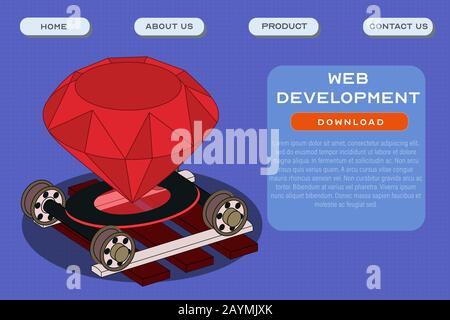 Modèle de site de développement Web. Conception de l'affiche d'en-tête de développement d'applications et de logiciels. Illustration vectorielle d'une rubis sur les rails comme symbole de fronte Illustration de Vecteur