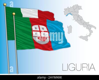 Drapeau et carte régionaux officiels de la Ligurie, Italie, illustration vectorielle Illustration de Vecteur