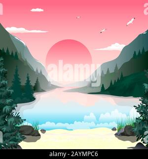 Paysage de montagne. Le lac dans les montagnes. Forêt. Aube ensoleillée. Le ciel avec des nuages. Plage de sable avec pierres et herbe. Illustration de Vecteur