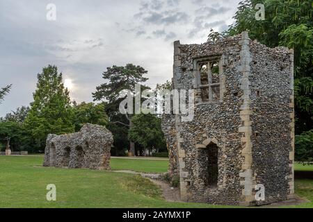 Bâtiments abbatiaux médiévaux en ruines, jardins de la cathédrale et de l'abbaye, Bury St Edmonds, Suffolk, Angleterre Banque D'Images