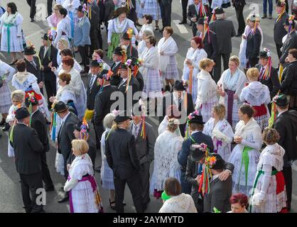 Neu Zauche, Allemagne. 15 février 2020. Les couples dans les costumes de fête sorabe-Wendish d'origine prennent part à la traditionnelle Zabust, le carnaval. 95 couples mariés et 33 couples de jeunes ont participé au 145ème carnaval du village de Spreewald. Avec la procession du carnaval dans les villages de Lusace, l'hiver est chassé selon une vieille coutume. Crédit: Patrick Pleul/dpa-Zentralbild/ZB/dpa/Alay Live News Banque D'Images