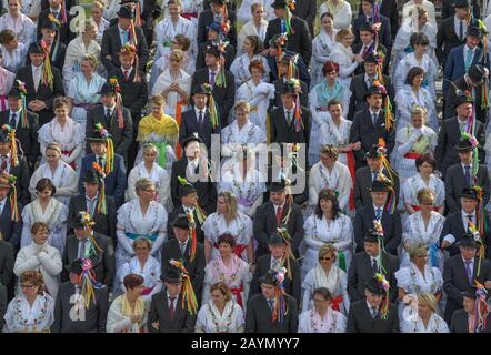 Neu Zauche, Allemagne. 15 février 2020. Couples dans les costumes de fête sorabe-Wendish originaux alignés pour une photo de groupe à la traditionnelle Zabust, le carnaval. 95 couples mariés et 33 couples de jeunes ont participé au 145ème carnaval du village de Spreewald. Avec la procession du carnaval dans les villages de Lusace, l'hiver est chassé selon une vieille coutume. Crédit: Patrick Pleul/dpa-Zentralbild/ZB/dpa/Alay Live News Banque D'Images