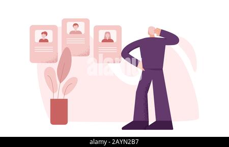 Employé sérieux de recrutement masculin regardant le CV en ligne pour le style de travail de grands membres Illustration de Vecteur