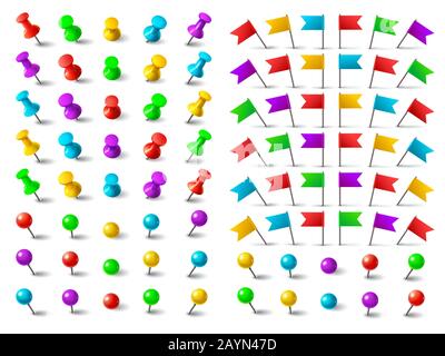 Punaise de couleur, drapeau épinglé et molette. Broches de poussée pour pousser sur le jeu de vecteurs isolés de carte Illustration de Vecteur