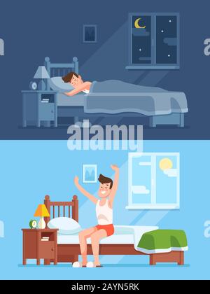 Homme dormant sous la couette la nuit, se réveillant le matin et se dételant du lit. Dormez tranquillement dans une literie confortable et concept vectoriel de dessin animé Illustration de Vecteur