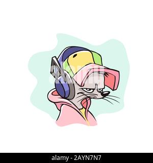 Imprimé hipster de souris dans un casque isolé sur fond blanc Illustration de Vecteur