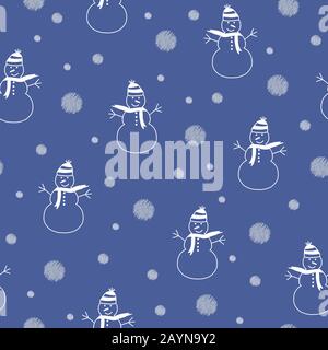 Bonhomme de neige blanc heureux sur fond bleu. Noël, hiver sans coutures motif de répétition. Parfait pour les motifs de Noël, les fonds ou les textiles. Illustration de Vecteur