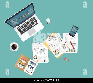 Concept d'audit. Conception réaliste de la comptabilité, de la recherche, du calcul, de la planification, de la gestion, de l'analyse financière, des données. Vue de dessus. Contexte commercial Illustration de Vecteur