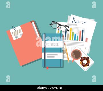 Concept d'audit. Conception réaliste de la comptabilité, de la recherche, du calcul, de la planification, de la gestion, de l'analyse financière, des données. Vue de dessus. Contexte commercial Illustration de Vecteur
