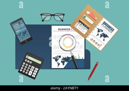 Concept d'audit. Conception réaliste de la comptabilité, de la recherche, du calcul, de la planification, de la gestion, de l'analyse financière, des données. Vue de dessus. Contexte commercial Illustration de Vecteur