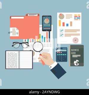 Concept d'audit. Conception réaliste de la comptabilité, de la recherche, du calcul, de la planification, de la gestion, de l'analyse financière, des données. Vue de dessus. Contexte commercial Illustration de Vecteur