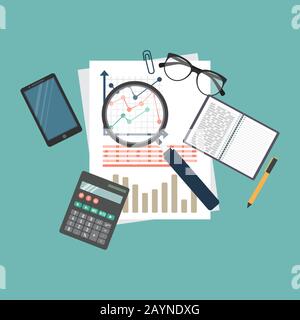 Concept d'audit. Conception réaliste de la comptabilité, de la recherche, du calcul, de la planification, de la gestion, de l'analyse financière, des données. Vue de dessus. Contexte commercial Illustration de Vecteur