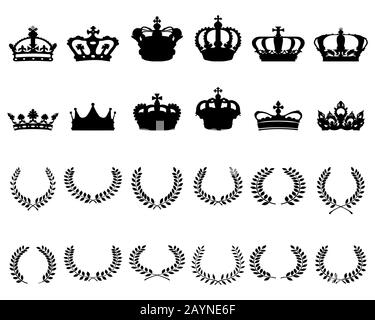 Silhouettes noires de couronnes et couronnes de laurier sur fond blanc Banque D'Images