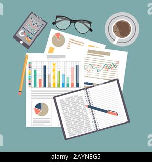 Concept d'audit. Conception réaliste de la comptabilité, de la recherche, du calcul, de la planification, de la gestion, de l'analyse financière, des données. Vue de dessus. Contexte commercial Illustration de Vecteur
